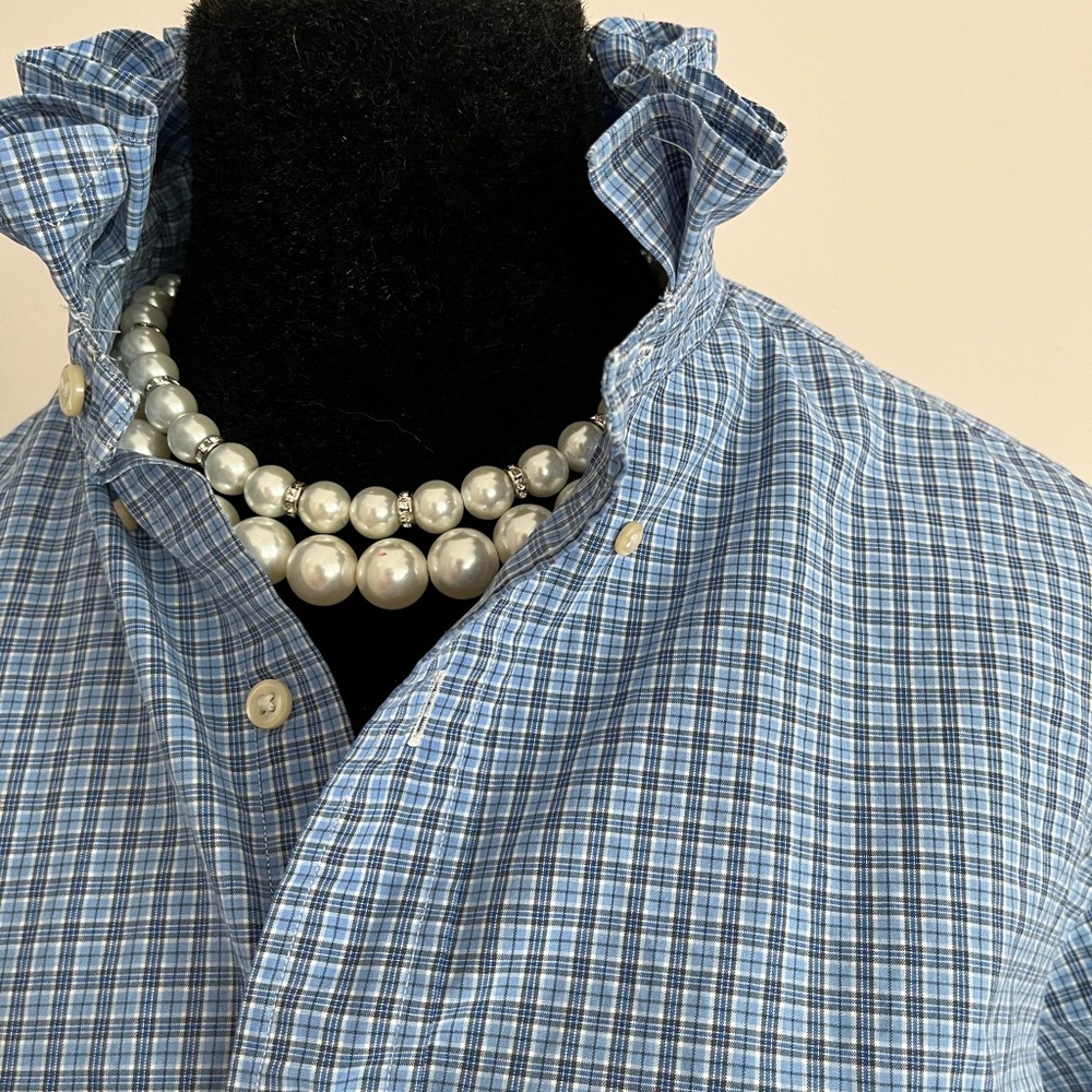 Upcycled Ralph Lauren Blue and White Plaid Button-Up Shirt - Picture 3 of 5